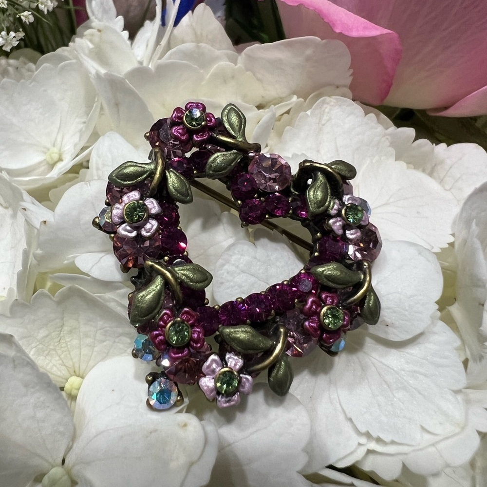 Vintage Pink Purple and Green Heart Brooch with Floral Design